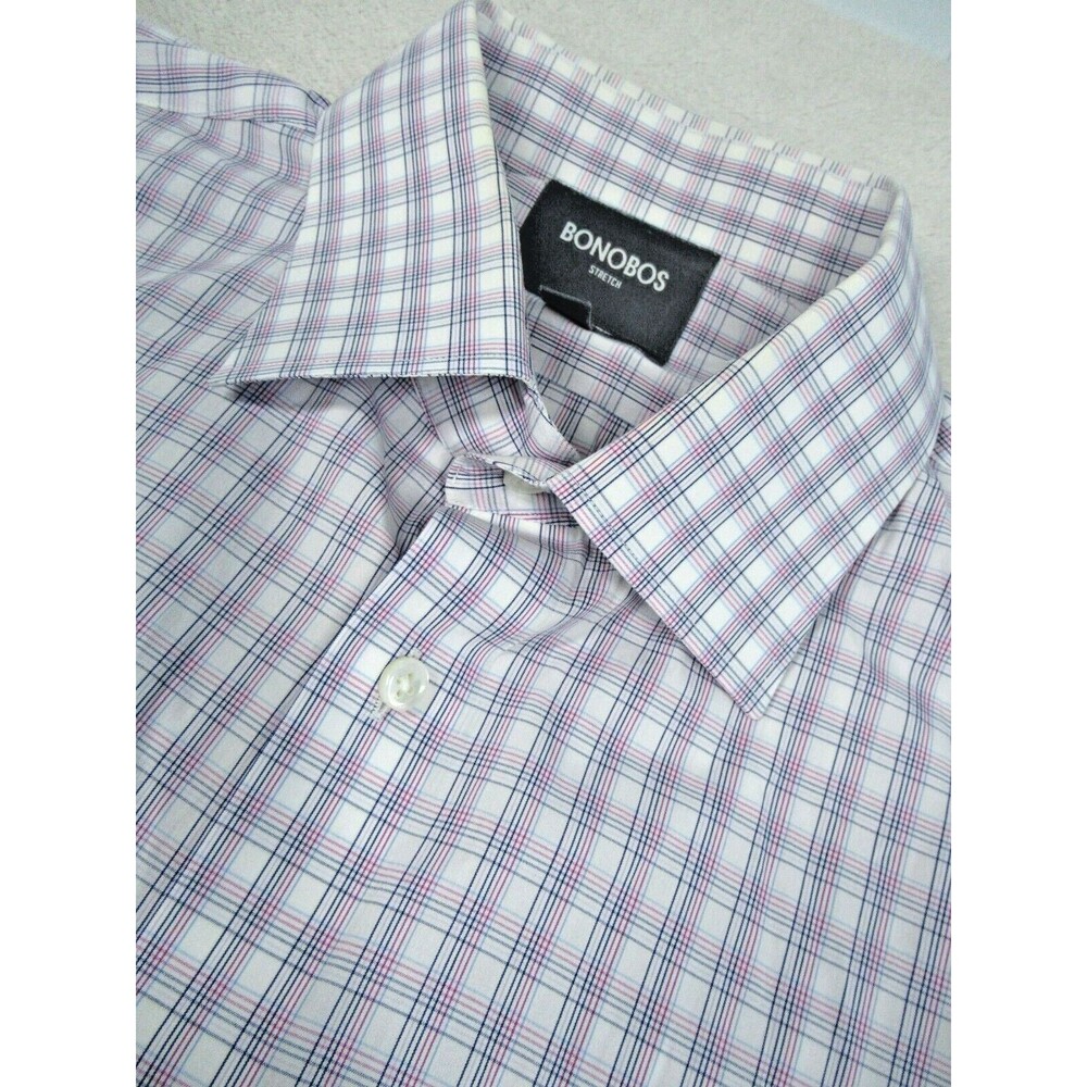 Bonobos Mens 17.5 36 Taylored Shirt Slim Fit Buttoned Down Long Plaid Blue Pink